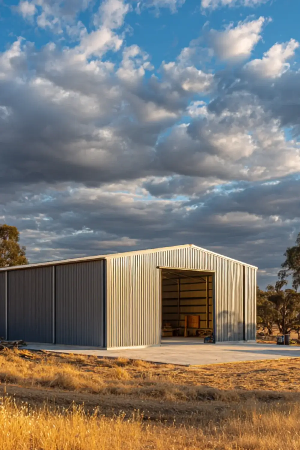 A large steel shed with its roller door open, in dry paddock at golden hour