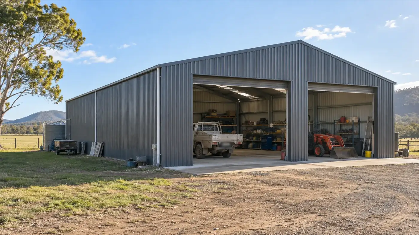 A farm shed with a ute and a tractor inside