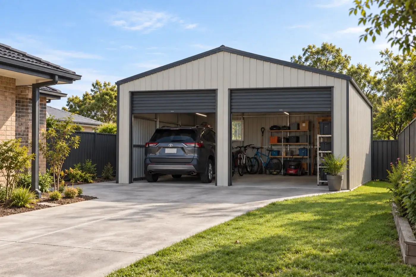 A cream double garage with two roller doors open