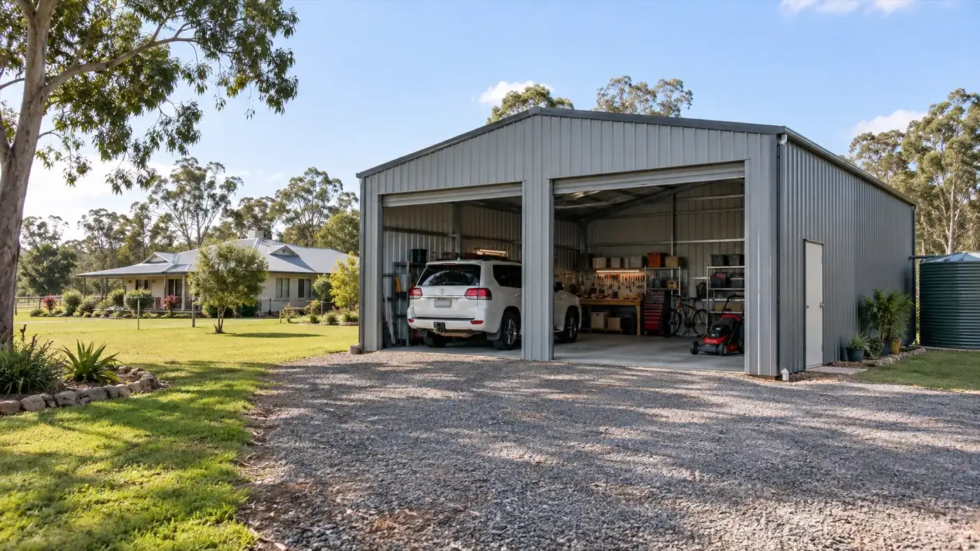 A grey shed with a four wheel drive and a workshop inside